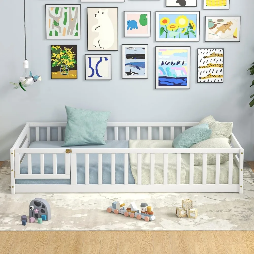 Cama doble de piso con puerta y valla, cama Montessori de madera para niños con barandillas de seguridad, estructura de cama de piso para niños, niños, niñas