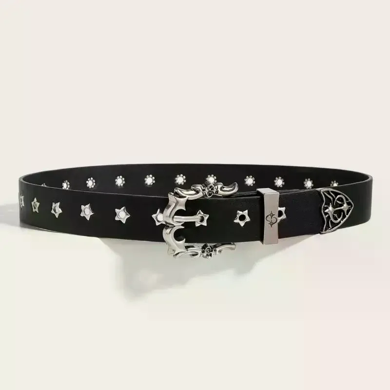 Y2K حزام فاسق برشام حزام من الجلد للرجال والنساء فستان جينز قوطي عصري إكسسوار مع مشبك