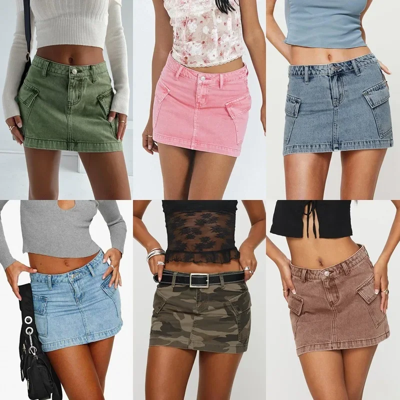 Denim Mini Skirts for Women Sexy Hip Skirt Medium Strecth Distressed Washed Multiple Pockets Slim Fit 2025 Female Streetwear