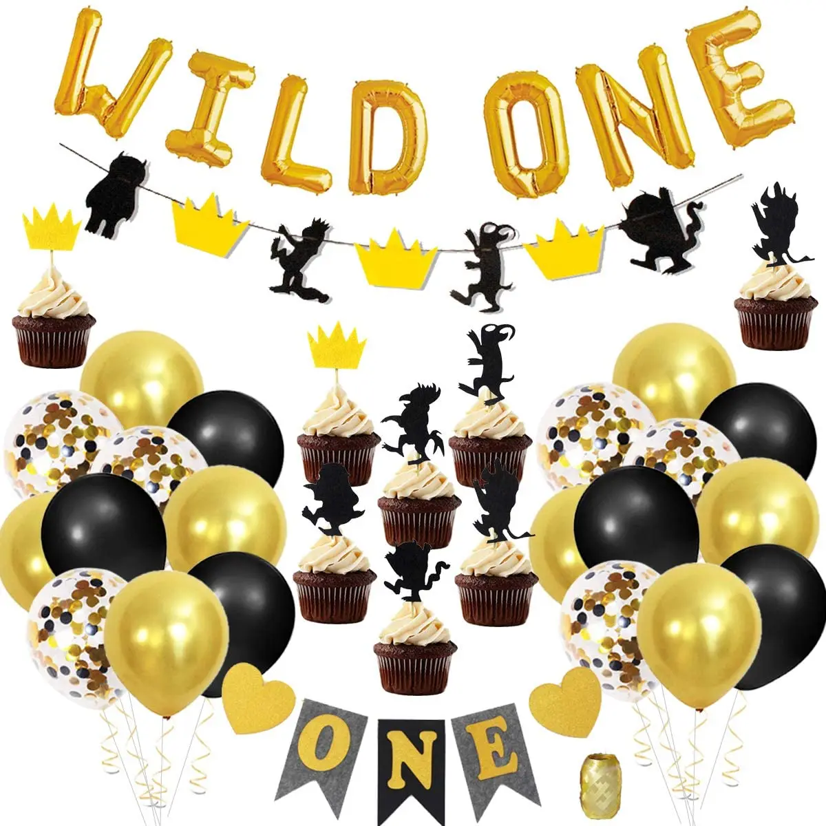 

JOYMEMO Wild One 1st Birthday Party Decorations for Boys with Wild One Foil Balloons High Chair Banner and Cupcake Toppers