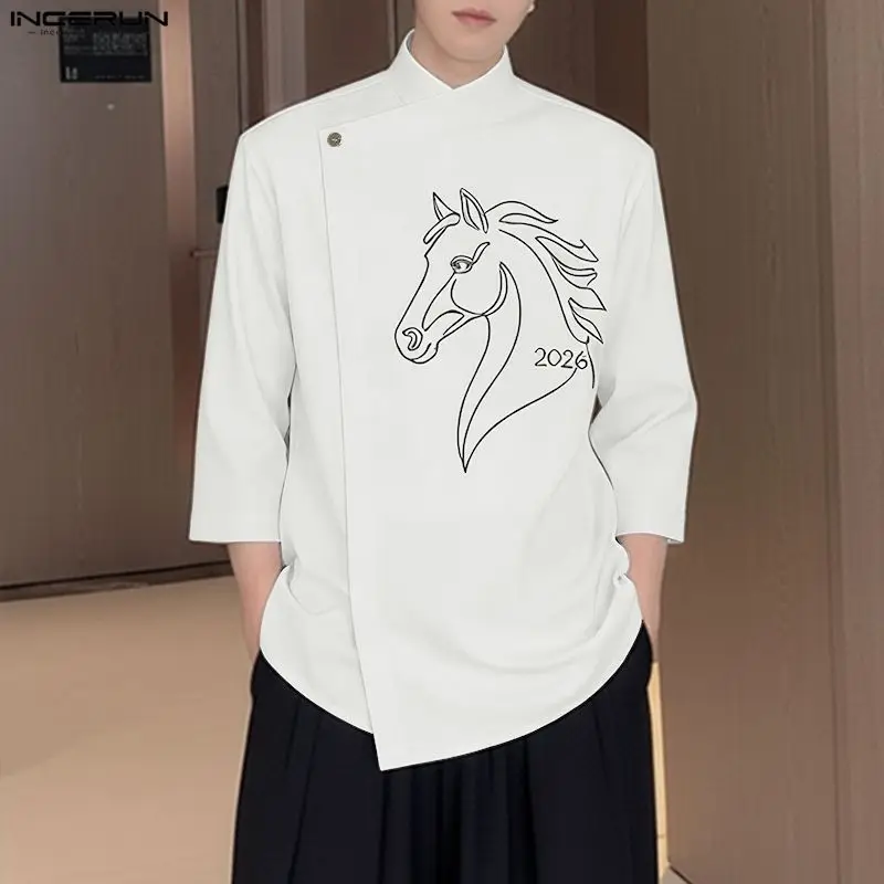 INCERUN Men's Shirt Printing Stand Collar 3/4 Sleeve Loose Menswear Clothing Streetwear 2026 Fashion Casual Tops Shirts For Man