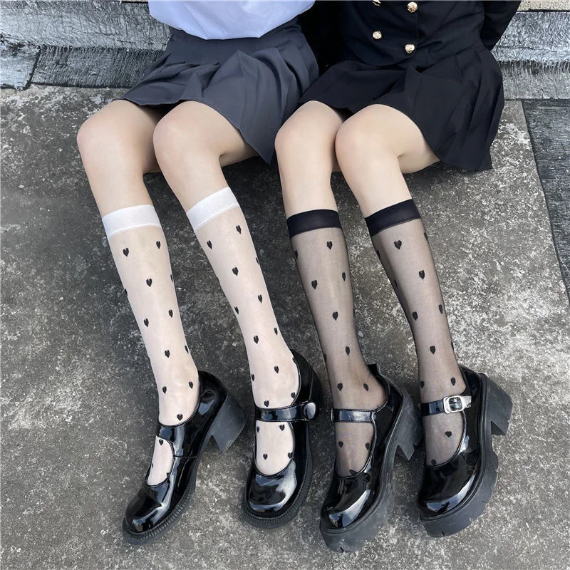 Sexy JK Girls Stocking Lolita Uniform Women Thin Long Socks Silk Stockings Love Heart See Through Knee Sock Summer Underwear