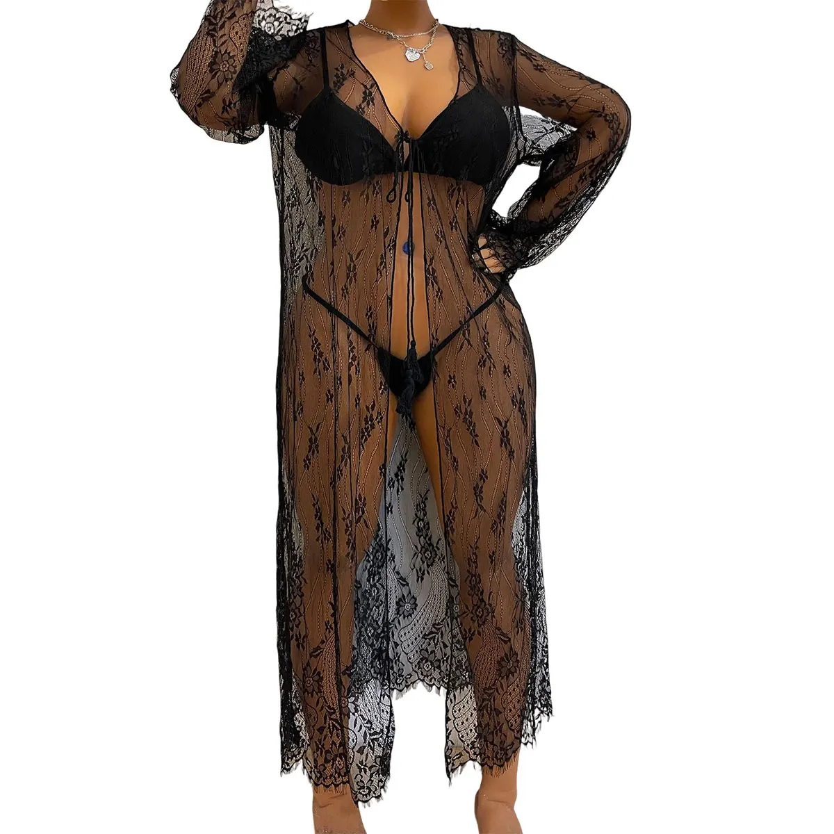 Plus Size Sexy Women Maxi Sheer Lace Beach Bikini Cover Up Sundress Oversize Cardigans See-through Lace-up Beachwear Long Sleeve
