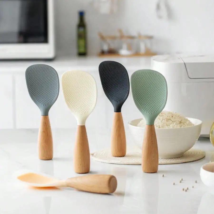 Non-Stick Silicone Rice Paddle With Wooden Handle, Anti-Sticky Rice Spoon, Heat Resistant Kitchen Serving Spoon For Rice Cooker, Household Cooking Utensil For Serving Rice, Porridge & Food