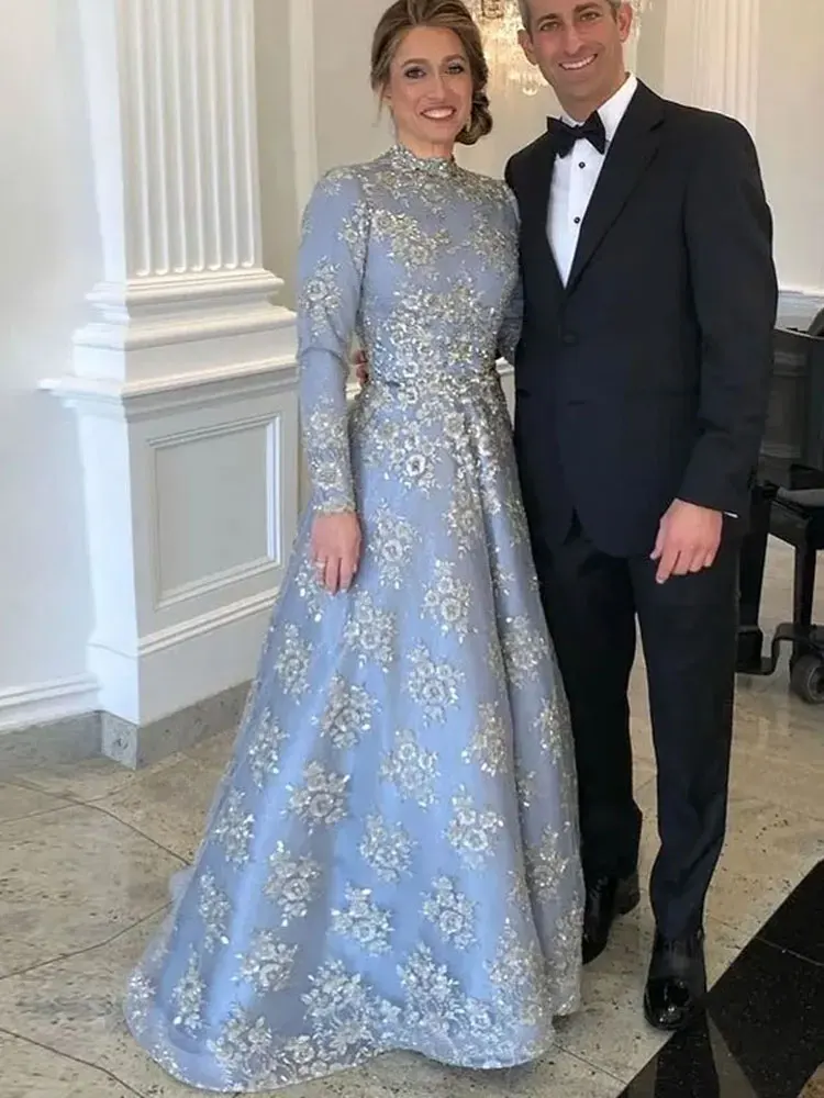 Satijnen bedekte kanten appliqué bal hoge kraag jurk dames elegante pailletten avondjurk voor speciale gelegenheid formele galajurk