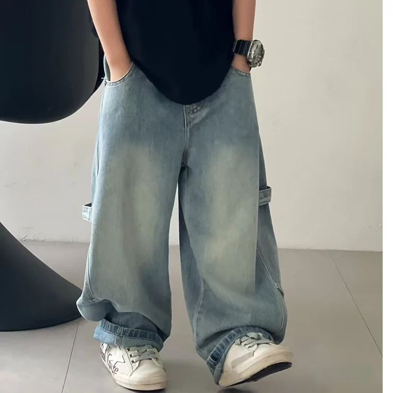 

Hot Sale Kids Autumn Wide Leg Jeans For Boy High Street Trendy Loose Straight Casual Denim Pants Child Blue Baggy Jeans Trousers