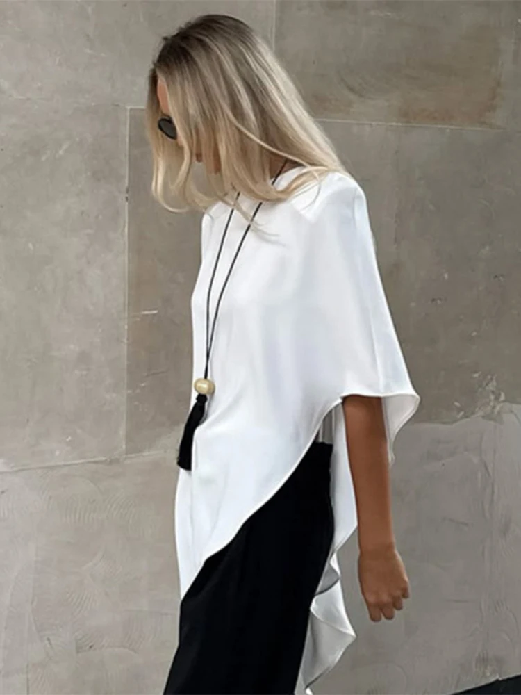Trendix White Asymmetric Pullover Top Women 2025 Autumn Fashion Short Sleeve T Shirts Street Hip Hop Party Loose Shirts Fall New