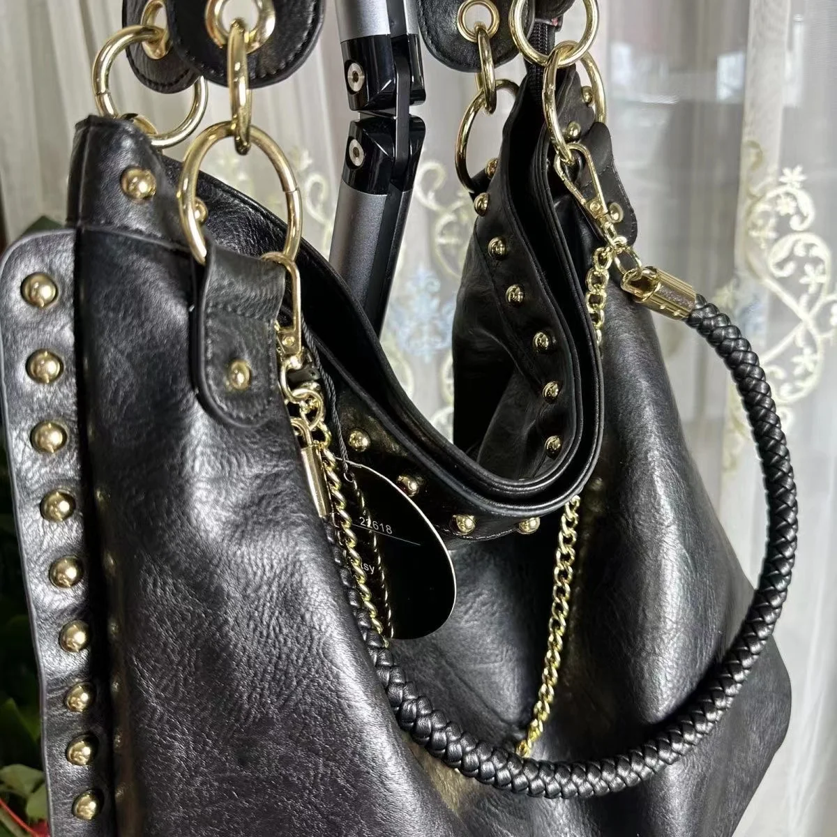 Bolso de cuero genuino con remaches para mujer, bolso de hombro, clásico, gran oferta