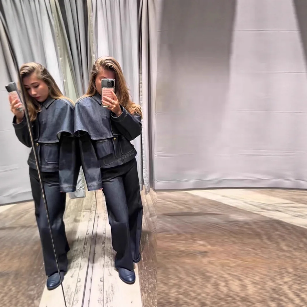 

Осень-зима 202, новая винтажная темно-синяя джинсовая куртка с длинными рукавами, женская свободная повседневная универсальная куртка с несколькими карманами