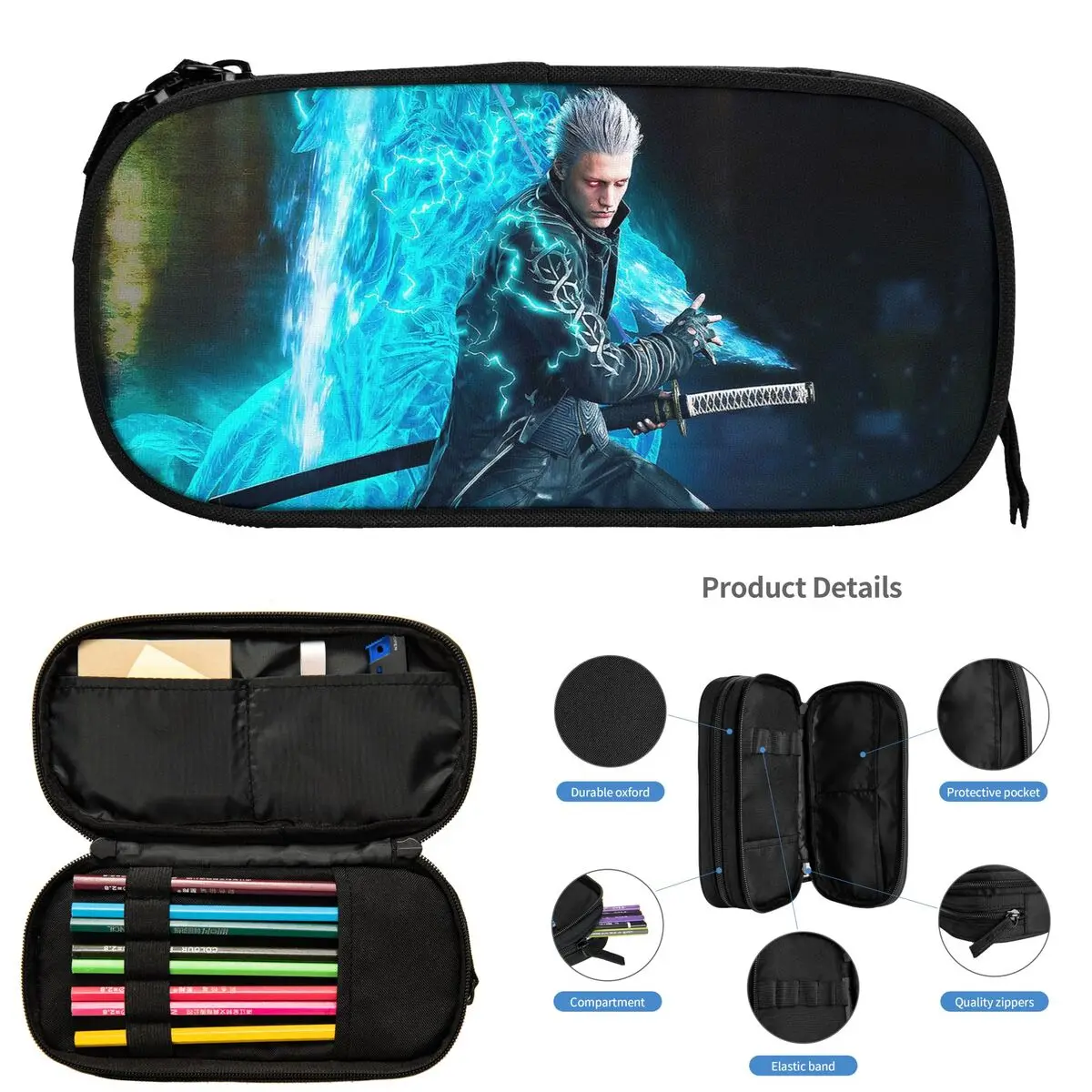 Vergil From The Devil May Cry Series Federmäppchen für Schüler, Schule, Stiftbox, Bleistiftbeutel, großes Fassungsvermögen, Federmäppchen, Stifthalter