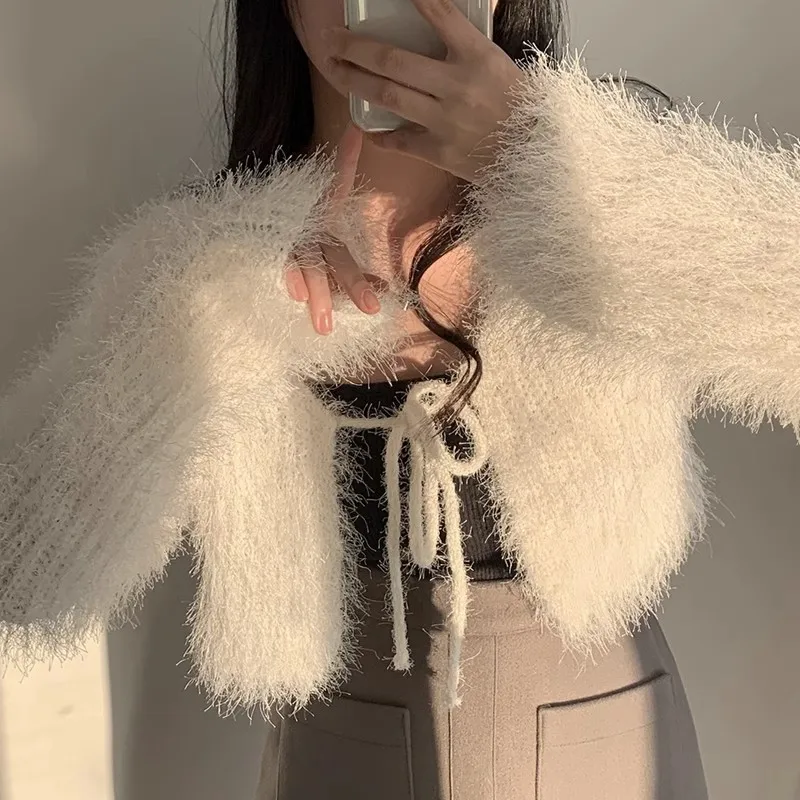 

Sexy Pure Desire Fur Knitted Open Cardigan Women's Spring Autumn Loose Soft Sweater Jaet V-ne Long Sve ort Sle