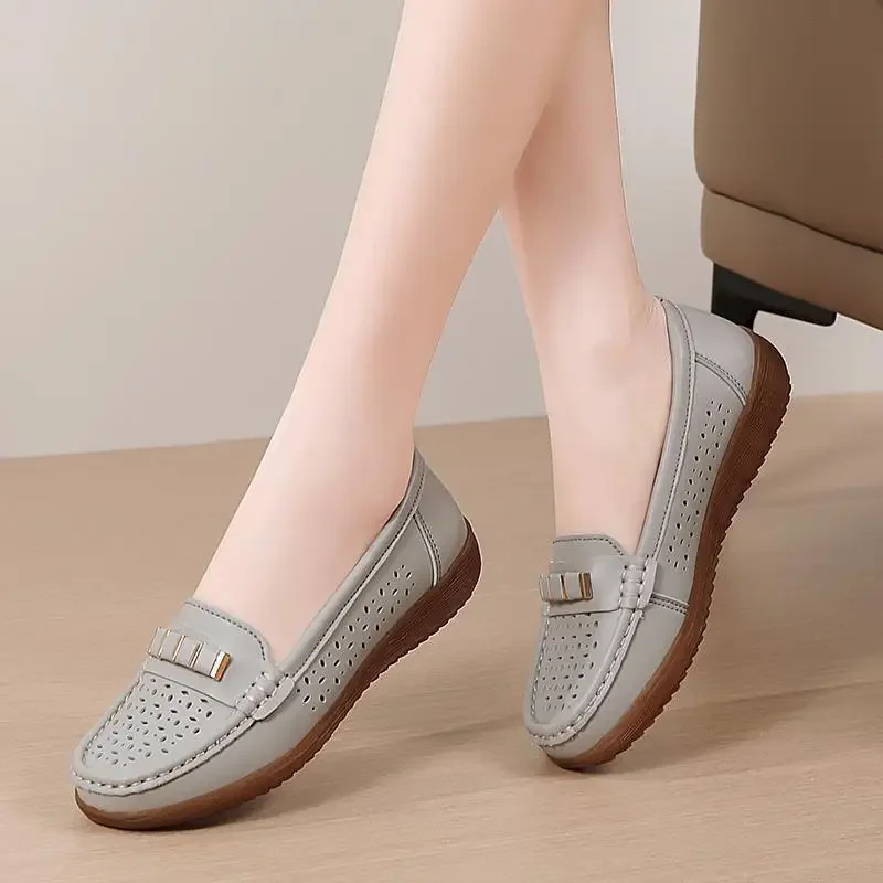 Women's Genuine Leather Shoes Luxury Women's Moccasins Mom Shoes Spring and Autumn Comfortable Middle-Aged and Elderly Slip-on