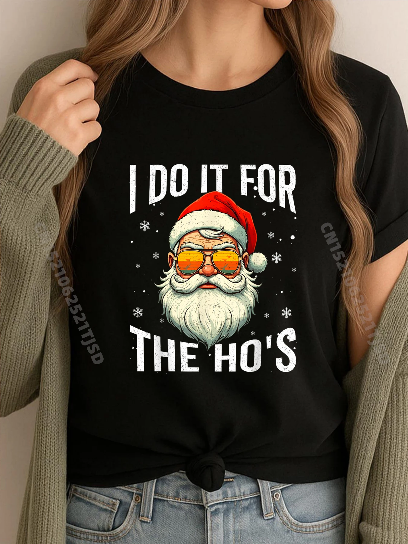 

Funny Christmas Santa Claus I Do It For The Hos Cute Xmas Funny T Shirts Woman Shirts Retro washed Tops Tees Oversized