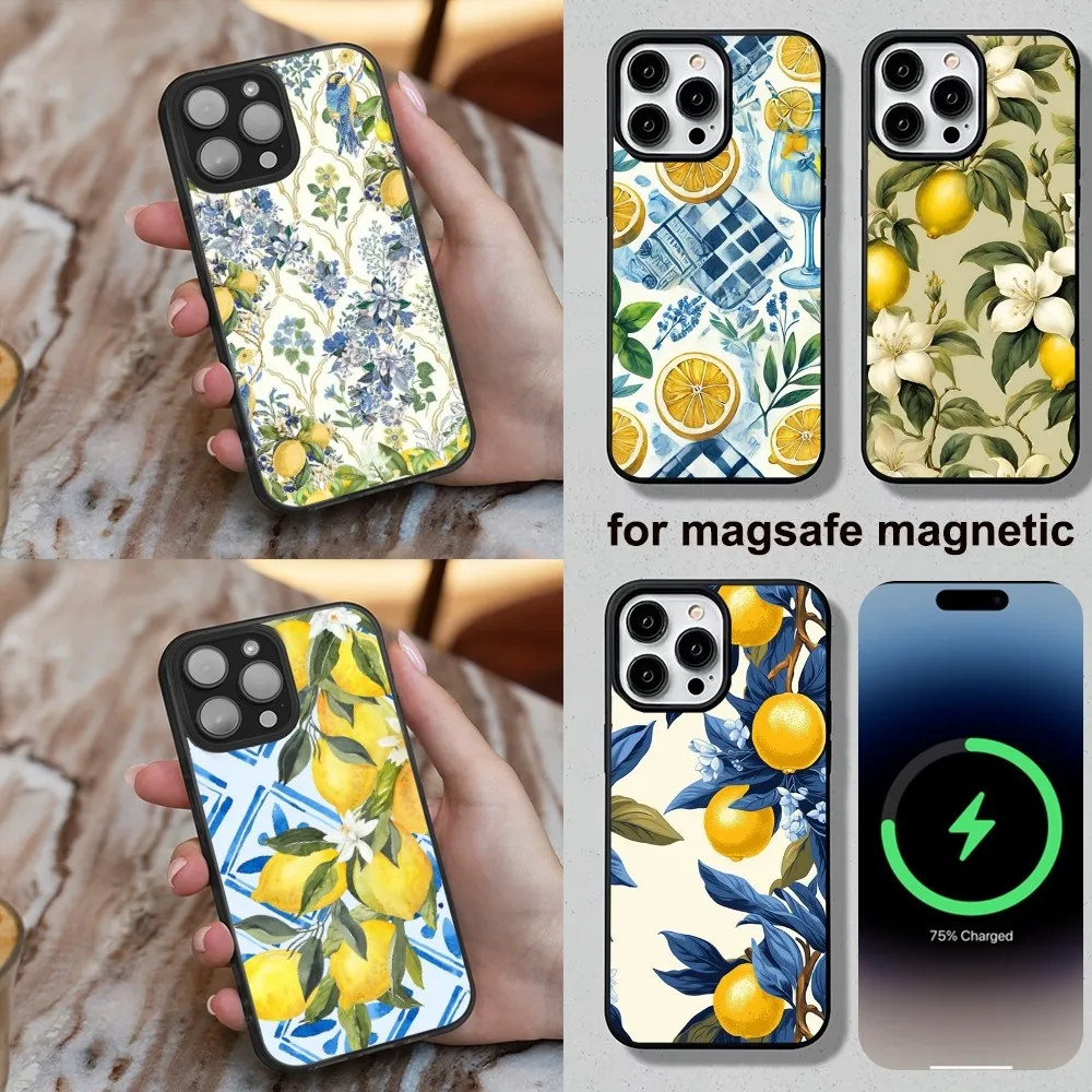 Lemon print vintage Phone Case For iPhone 16,15,14,13,12,11,Plus,Pro,Max,Mini Soft Magesafe Magnetic Wireless Charge