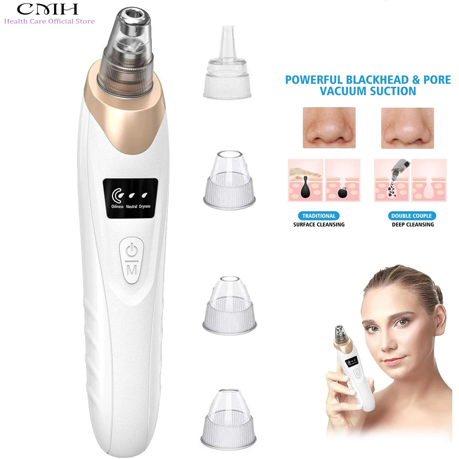 CMH 黒ずみ除去真空毛穴クリーナー マルチ吸引ヘッド 調整可能な吸引 USB 充電式ディープクレンジングスキンツール ギフト