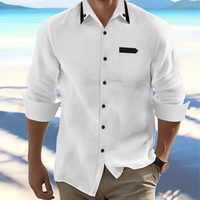 Men Spring Autumn Cotton Linen Shirt Contrast Collar Pocket Design Loose Roll Up Long Sleeve Casual Blouse