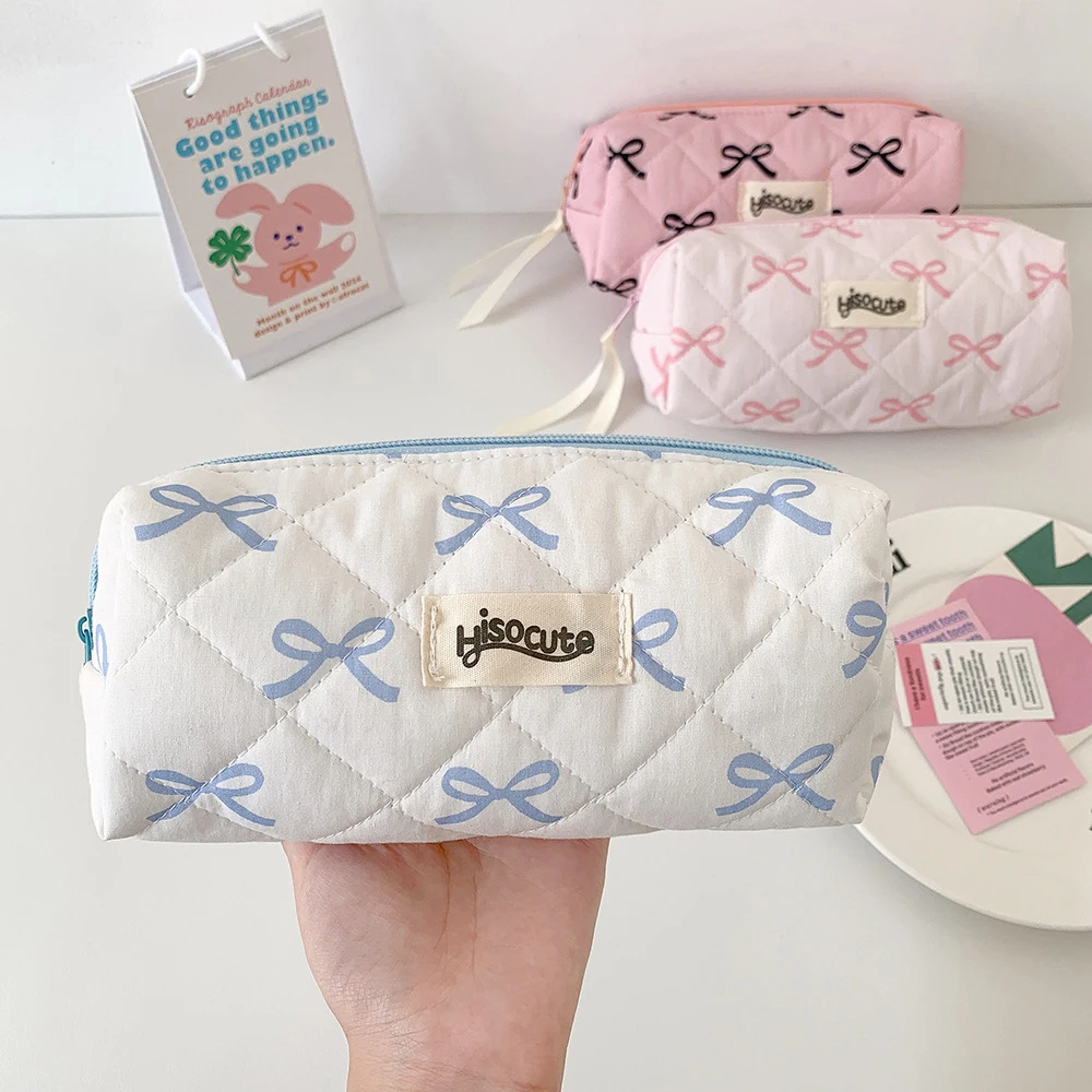 

Sweet Chic Pencil Pouch Cosmetic Pouch Girls Bow Print Korean Pencil Case Large Capacity Stationery Storage Case Makeup Bag