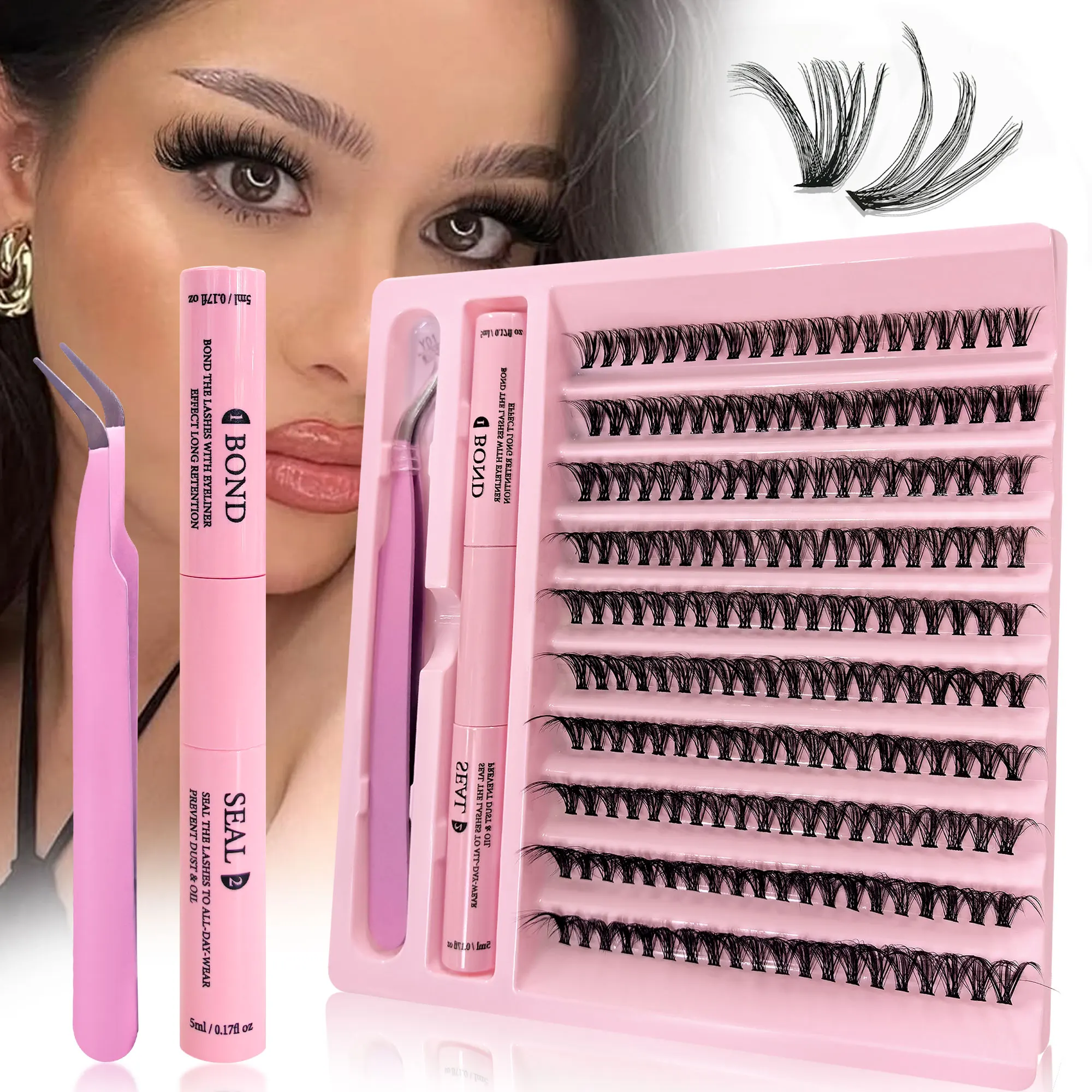 200 Cluster DIY-Wimpernverlängerungsset, mit 10 ml Kleber/Pinzette, flauschig und natürlichem Katzenaugen-Wimpernverlängerungsset, Länge 9–16 mm