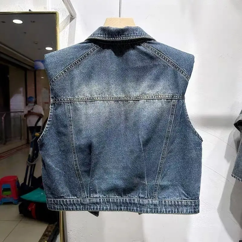 2023 Autumn Women's Short Vest Korean Version Loose Slim Sweetheart Collar Design Feel Denim Sleeveless Tank Top Female Outwear