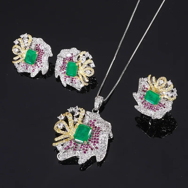 

Bold Floral Statement Jewelry Adjustable Ring Emerald Stones Crystal Studded Necklace Earrings for Birthday Party Accessories