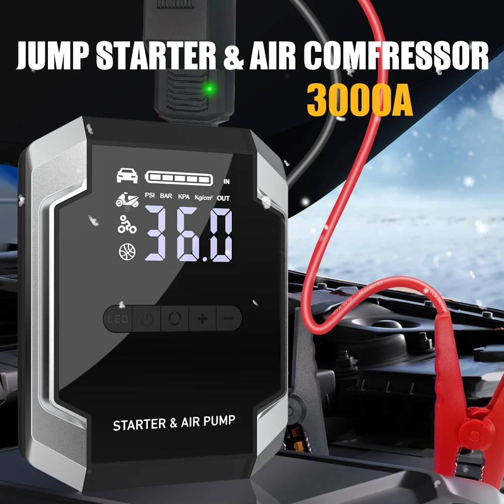 Jump starter Car Tire Inflator Portable Air Compressor Digital Display LED Lighting Rechargeable Compact Multifunctional