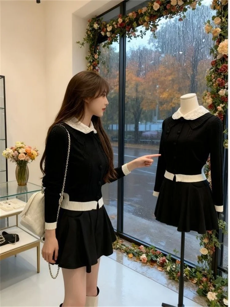 

Модный корейский вязаный кардиган с кукольным воротником, цветной свитер, пальто для женщин, длинная повседневная одежда обычного кроя све