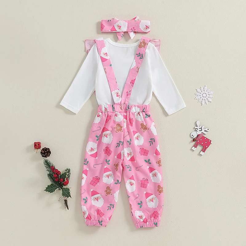 Baby Girls Christmas Outfit Letter Embroidery Long Sleeves Romper and Elk/Santa Print Overalls Headband Set