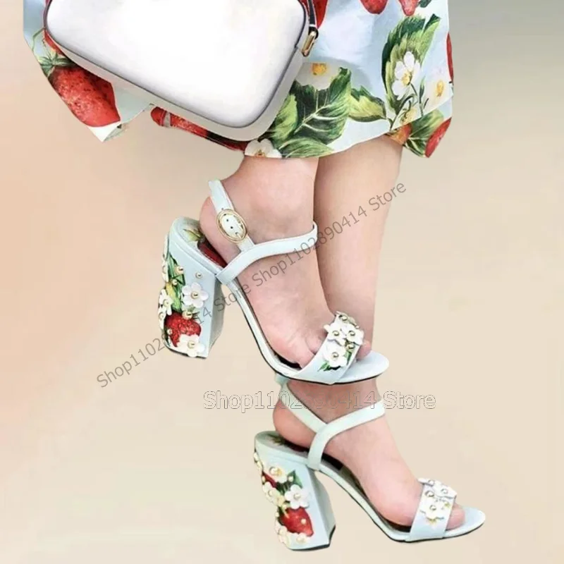 Floral Print Appliques Rivets Decor Open Toe Sandals Ankle Buckle Strap Women Shoes Chunky High Heels 2023 Zapatos Para Mujere