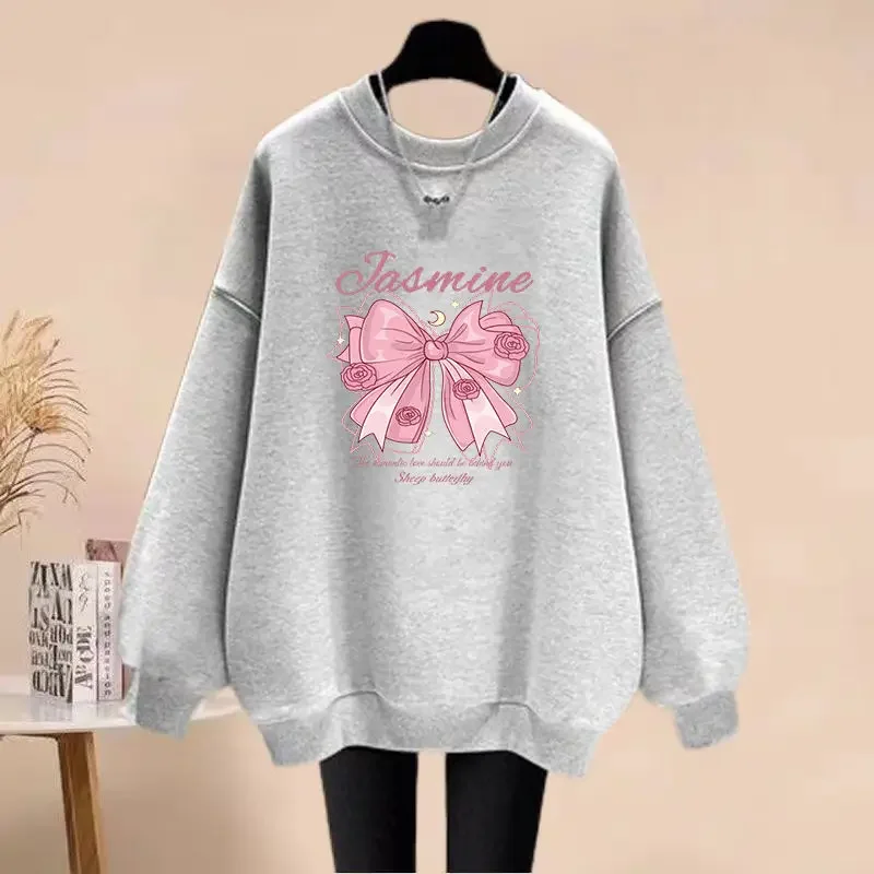 Felpe casual moda autunno inverno felpe con cappuccio a maniche lunghe con scollo stampato con fiocco comfort nozioni di base pullover larghi da donna