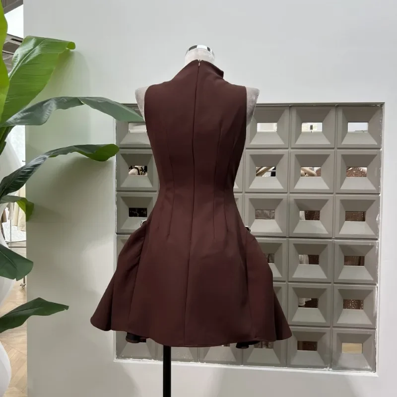 KBQ Solido Dimagrante Una Linea di Abito Per Le Donne Irregolare Senza Maniche A Vita Alta Impiombato Cerniera Design Minimalista Vestito Moda Femminile