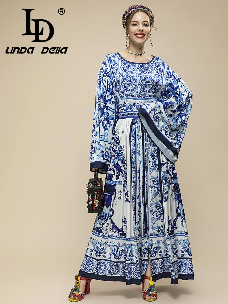 

LD LINDA DELLA Designer Retro crew-neck Flared Long-Sleeved Loose Blue And White Porcelain Dress Casual Vacation And Nude Dress