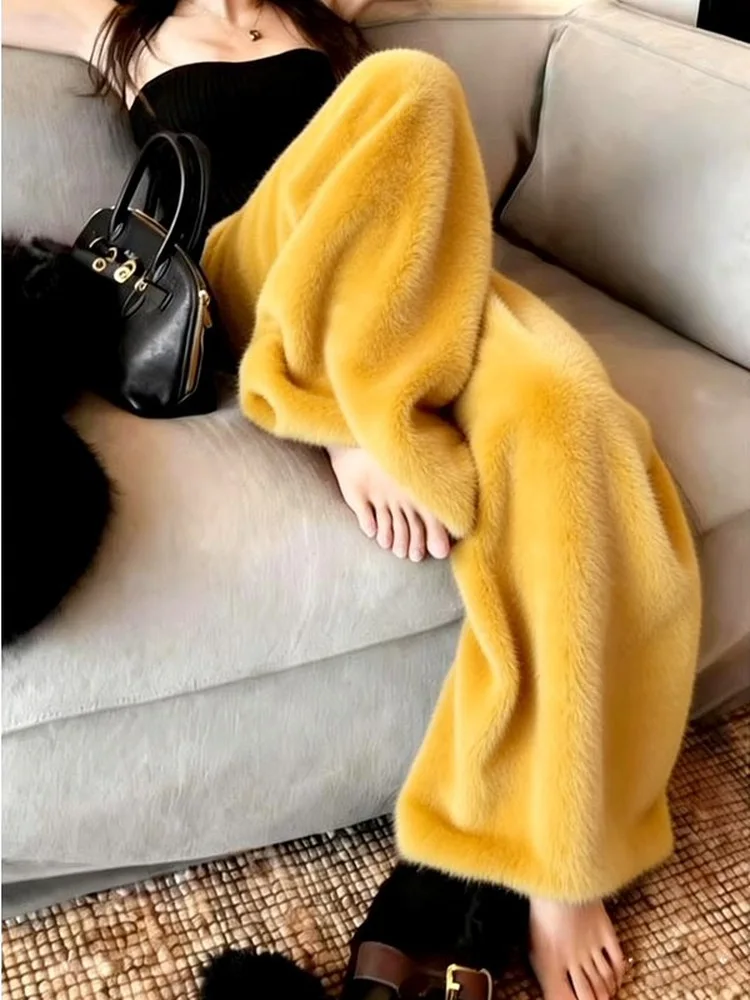 

Желтые пушистые повседневные брюки с высокой талией, свободные женские прямые брюки, асимметричные, для работы и отдыха, весенняя мода, женская одежда