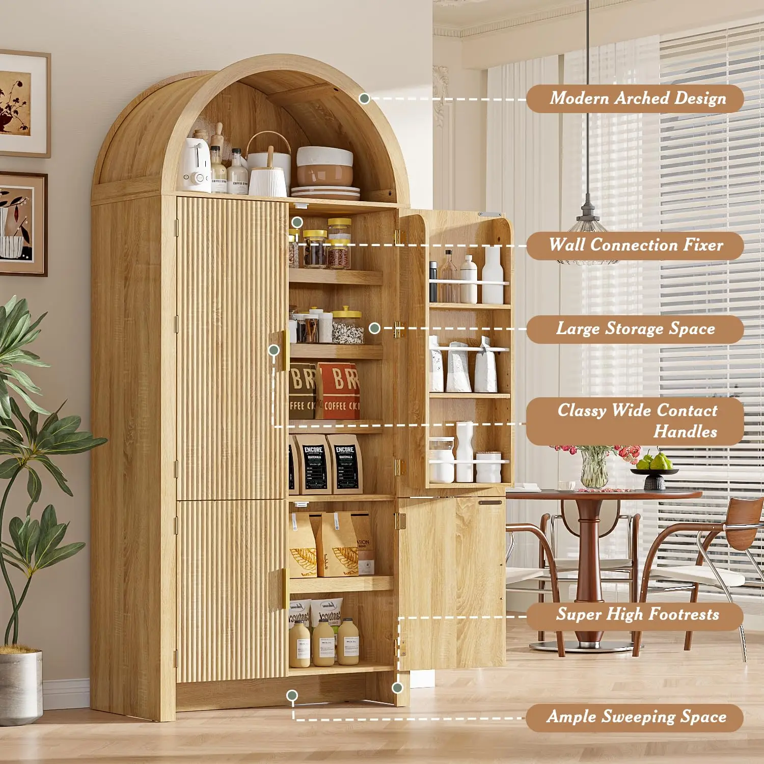 Arched Kitchen Pantry Cabinet Fluted Wood Storage 3 Shelves Tall Organizer Furniture, Customized