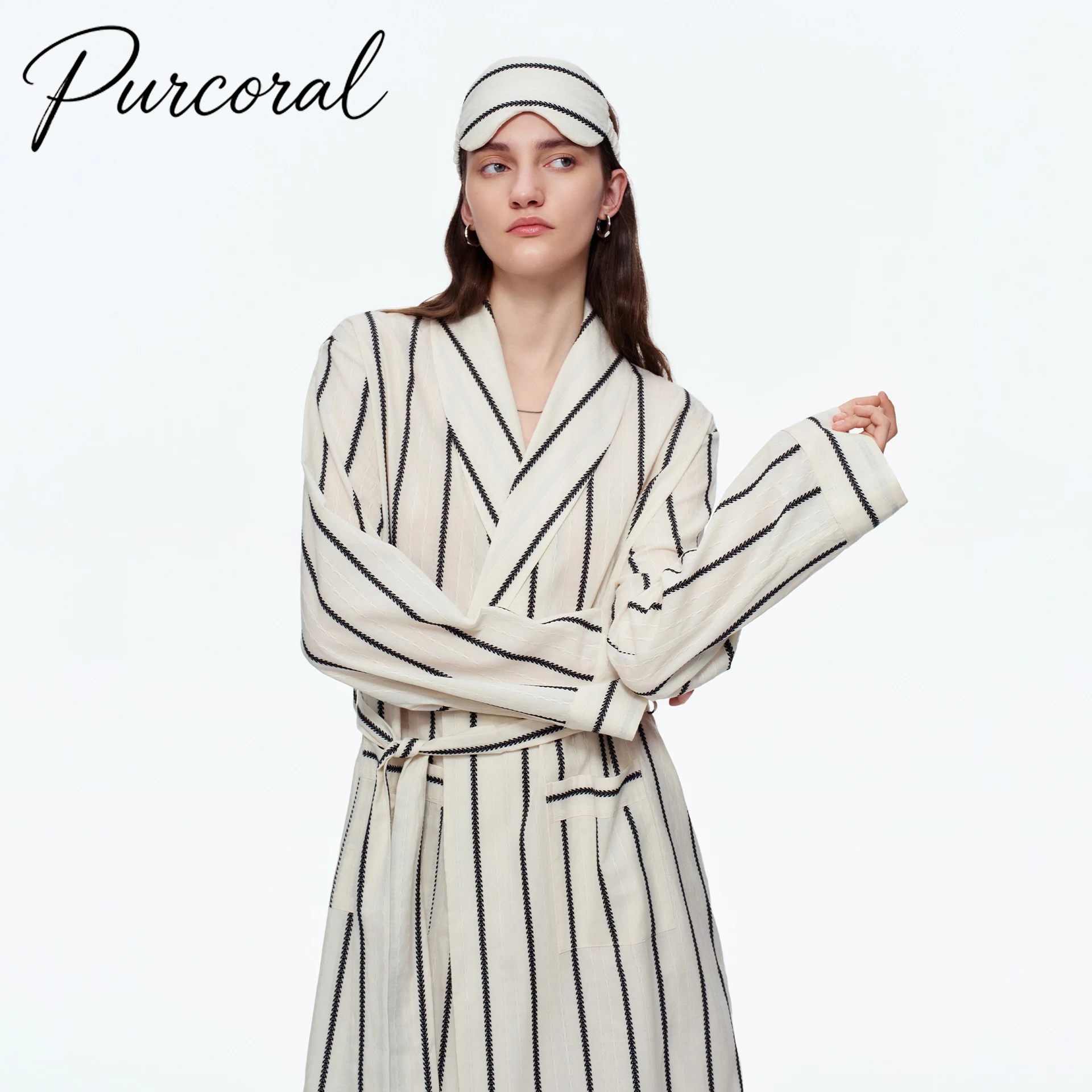 Purcoral 2026 Women Striped Kimono Bath Robe Set With Headband Long Sleeve Belted Soft Linen Lounge Wear Ladies Sleepwear