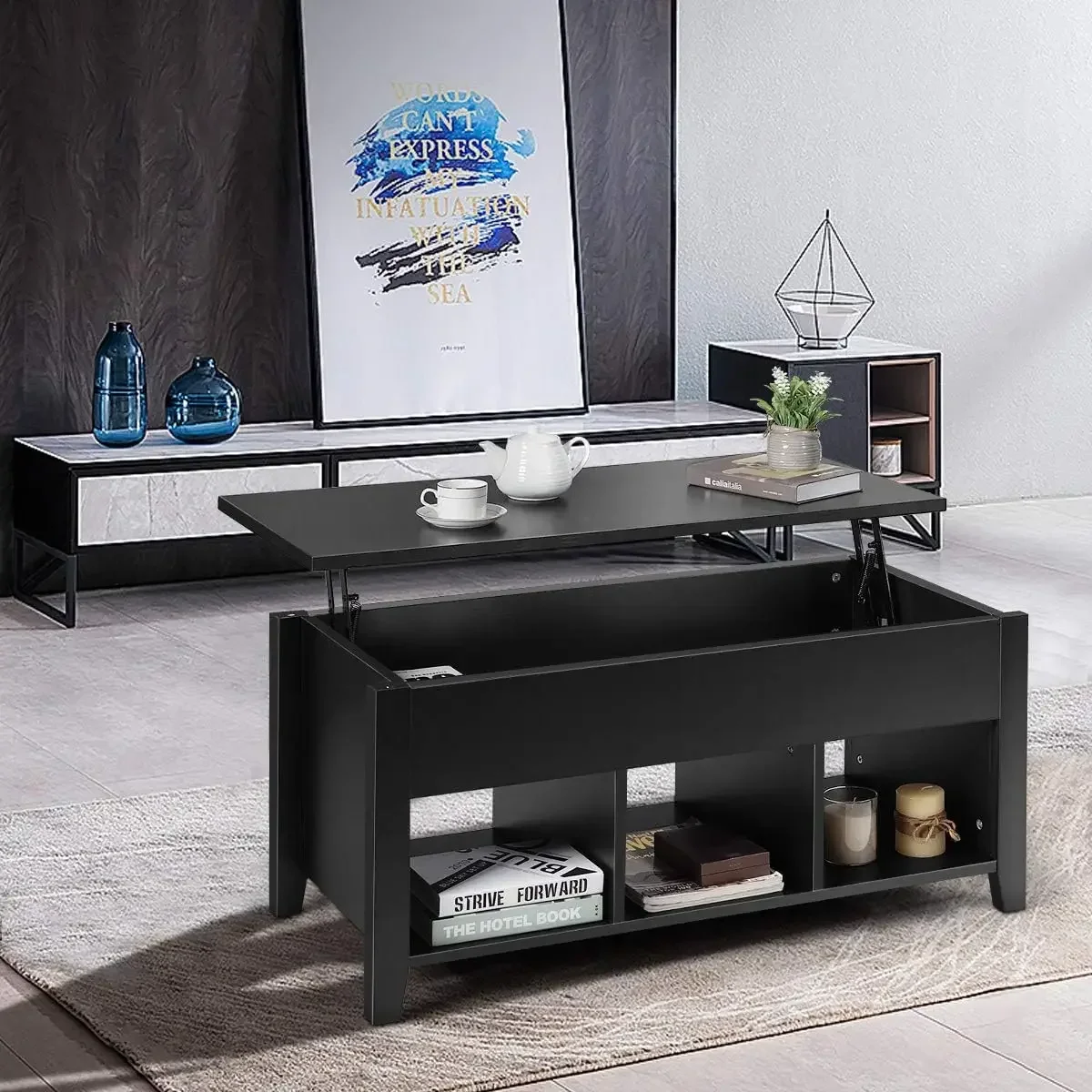 Lift Top Coffee Table, Wood Home Living Room Modern Lift Top Storage Coffee w/Hidden Compartment Lift Tabletop Furniture (Black)