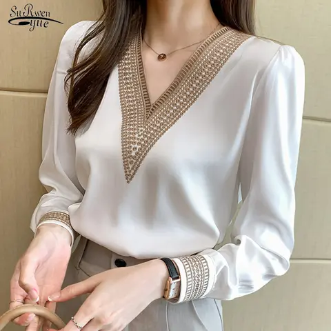2025 여성 우아한 쉬폰 셔츠 새로운 패션 화이트 V 넥 캐주얼 루즈 긴 소매 블라우스 Office Lady Tops 여성 Blusas 13366