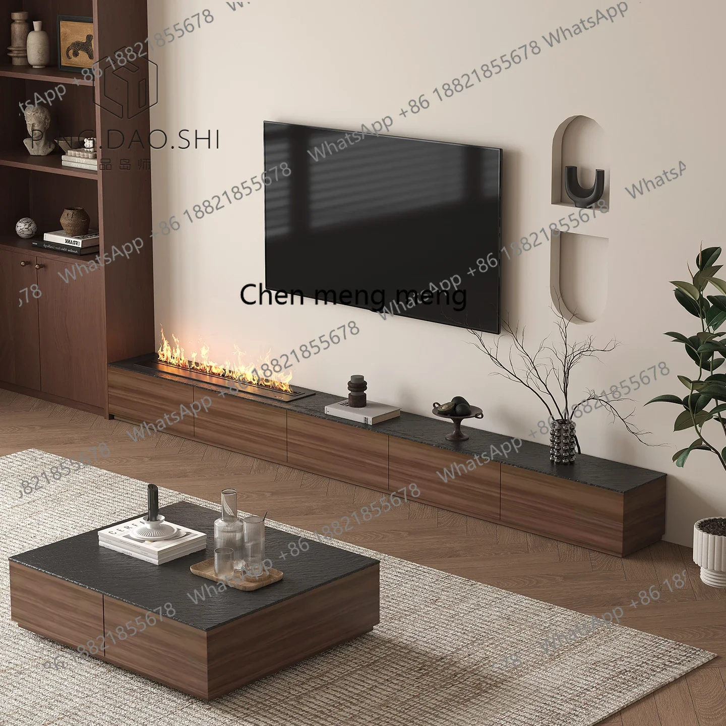 

Hot sales Medieval rock panel TV cabinet, black walnut floor-to-ceiling locker, integrated American retro living room floor cabi
