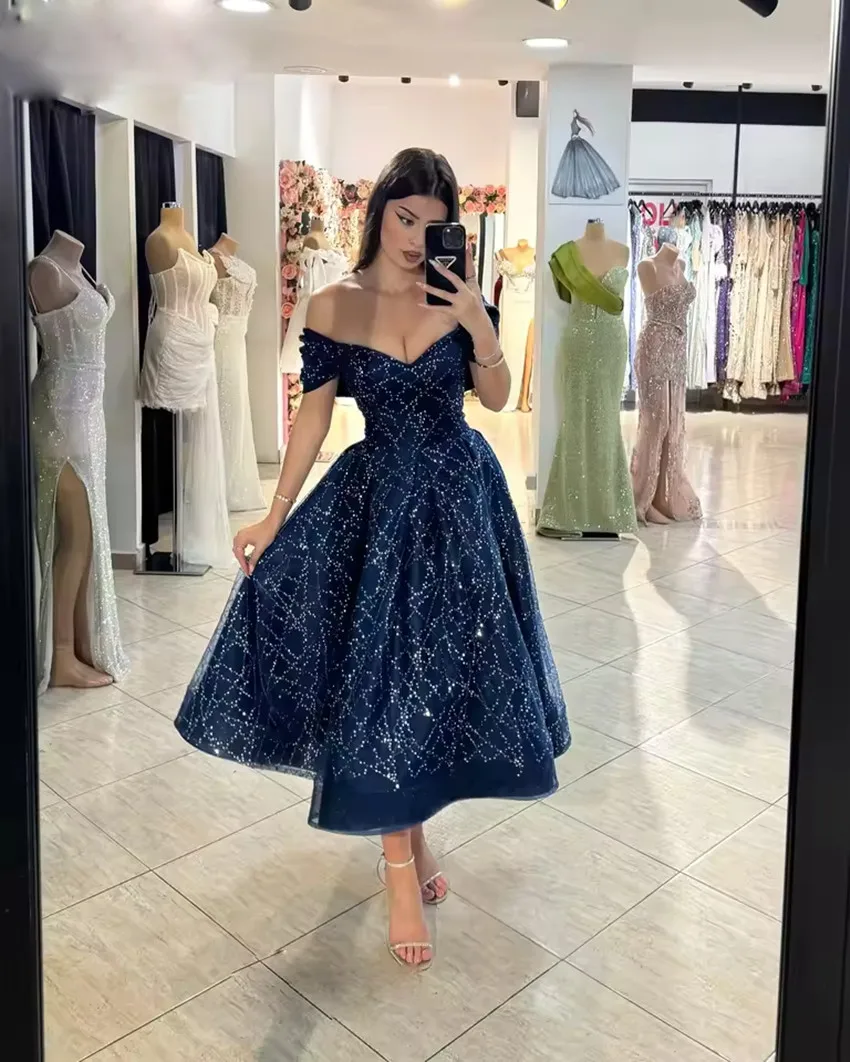 

Elegant Off Shoulder Prom Dress Sparkling Tulle A-line Ankle Length Evening Dresses Customized Formal dress vestidos de fiesta