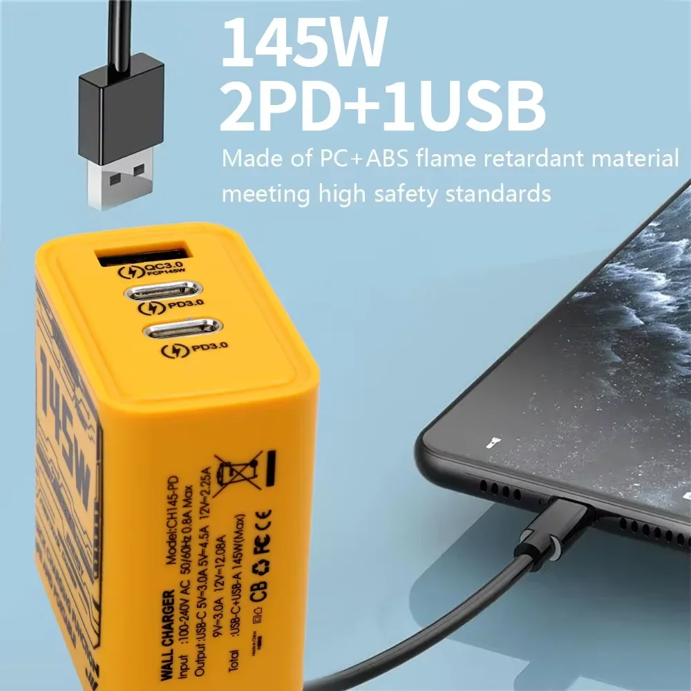 3ポートの高速電話充電器,USB PD充電アダプター,壁コンセント,iPhone, Samsung, Huawei, EU, US, UK, 145W
