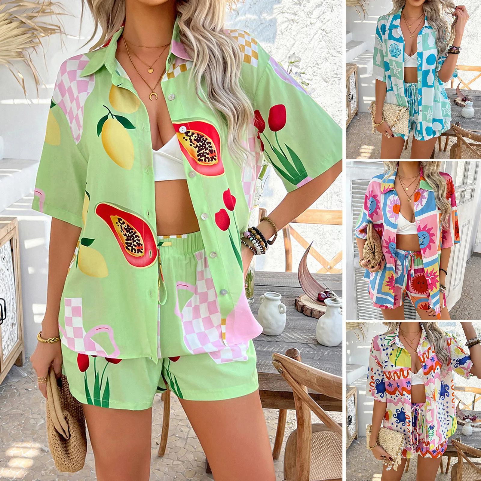 

Women Two Piece Short Pants Sets Print Set Turn Down Collar Half Sleeve Coat Drawstring Mini Lenth Pant Loose Casual 2025 Summer