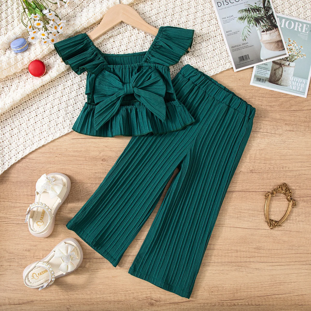 Somenie Girls Summer 2 Piece Outfit, Bow Decor Doll Collar Flutter Sleeve Solid Textured Top & Casual Pants Kids Matching Set