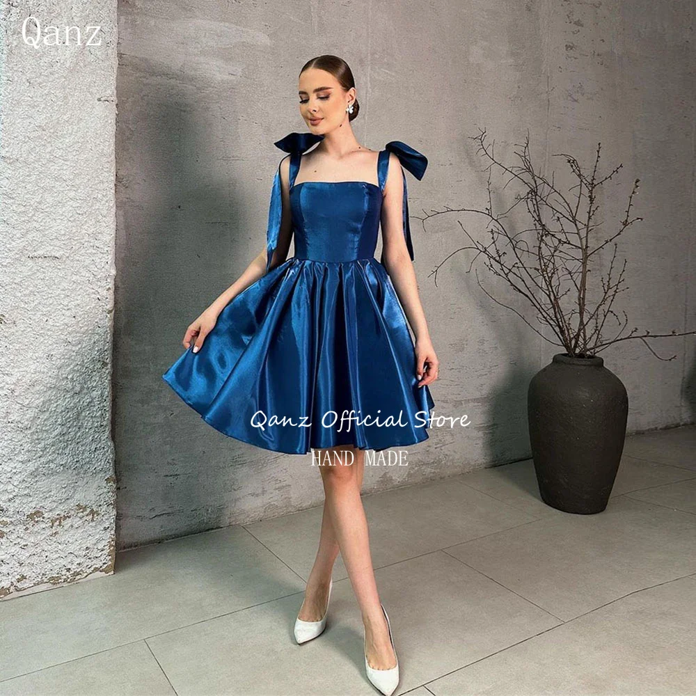 Qanz Vintage Blue Bow Straps Homecoming Dresses Satin Short A Line Customized Prom Dresses Vestidos Para Eventos Especiales