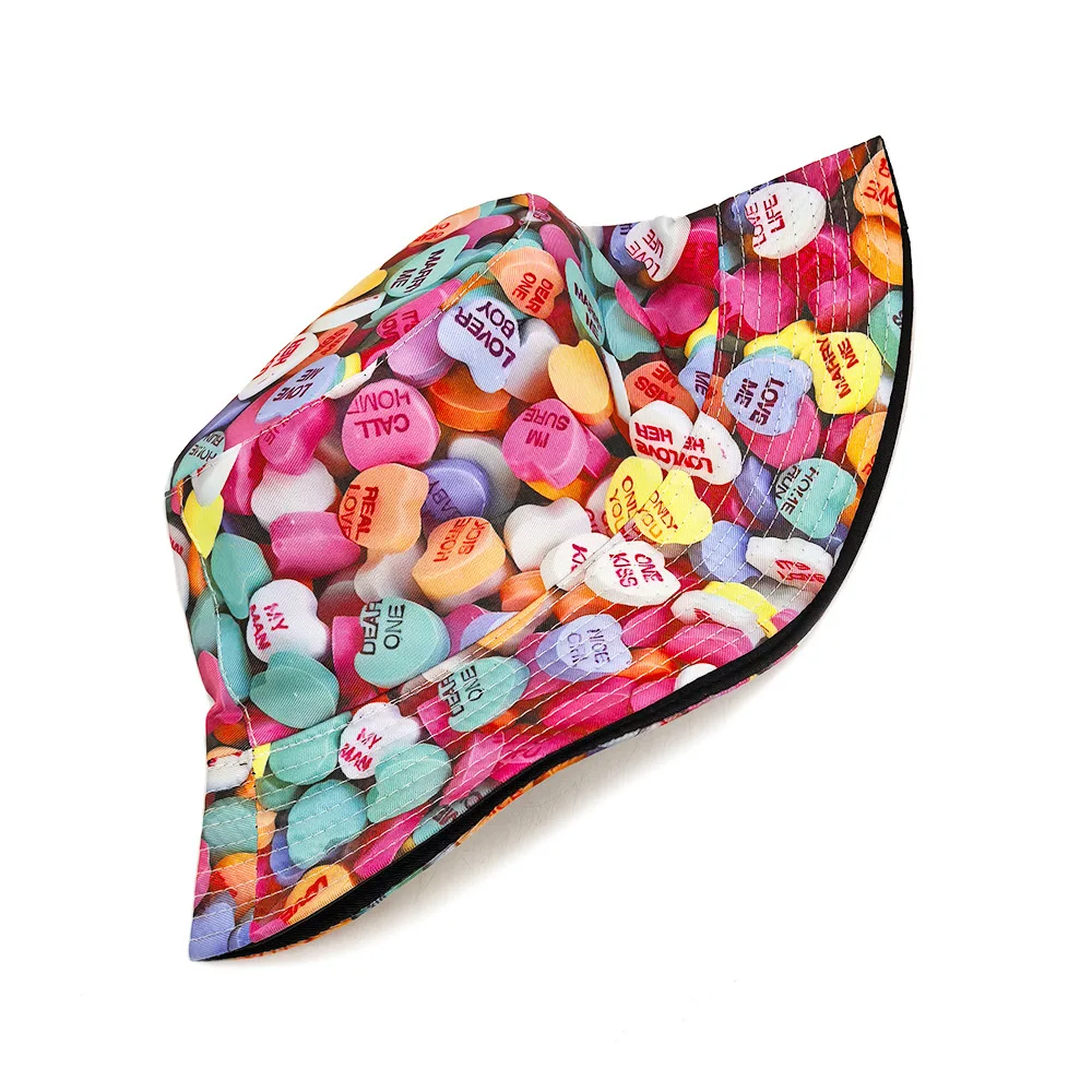 Heart Shaped Candy Pattern Panama Women Men Summer Outdoor Sunscreen Bucket Hats Love Decorate Fisherman Hat Female Sun Gorras 3