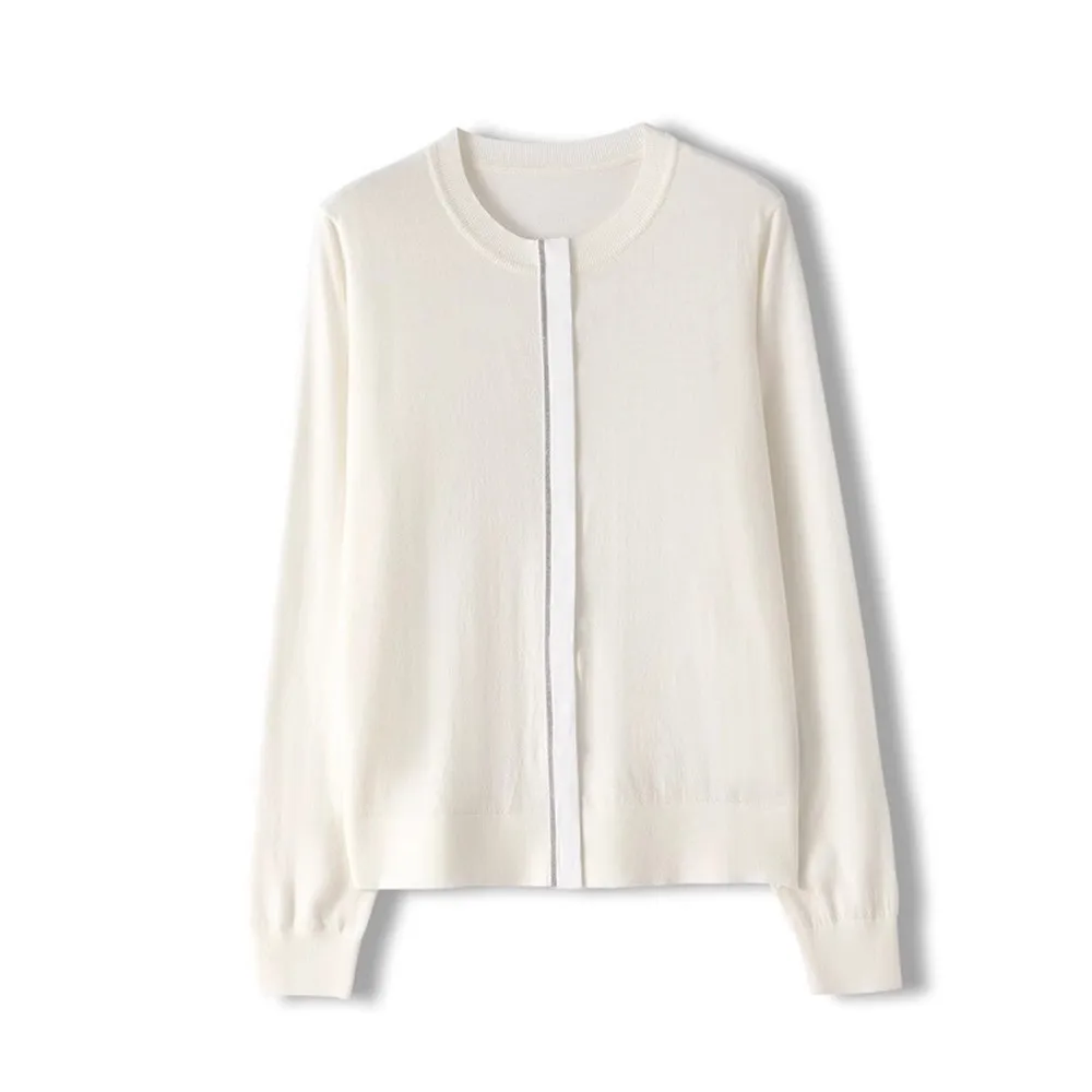 Cárdigan de punto de manga larga para mujer, mezcla de lana empalmada con cuello redondo, cadena de cuentas para uñas, novedad de Otoño de 25