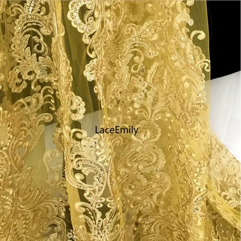 3-цветная золотая винтажная кружевная ткань с цветами и тяжелой вышивкой, тюль с цветком и блестками для свадебного платья, свадебного платья,