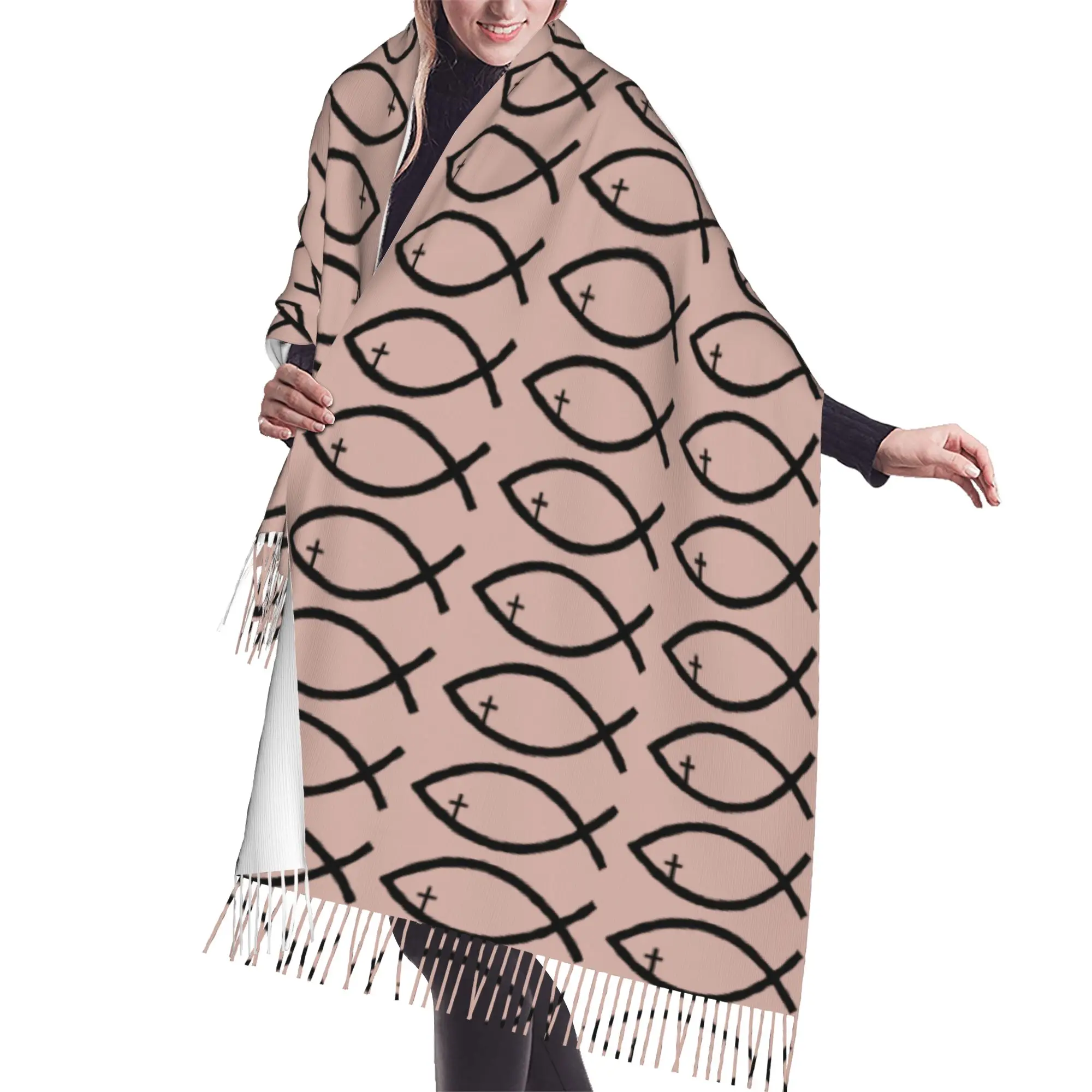 Custom Jesus Fish Cross Christ Symbol Religious Tassel Scarf Women Soft  Shawls Wraps Ladies Winter Scarves