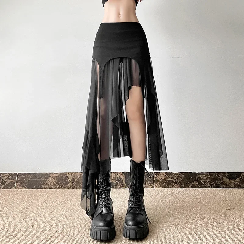 2025 Fashion Mesh Patchwork Club Alt Bottoms Punk Skirt for Women Harajuku Goth Cyber Y2K Irregular Hem Mid Skirts Streetwear