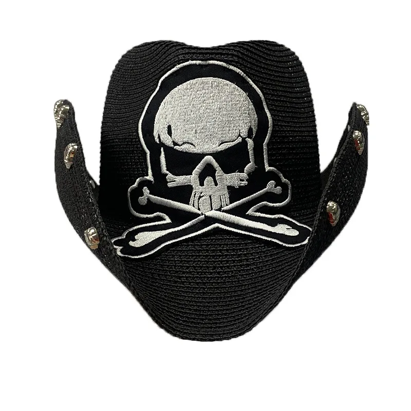 Black Paper Braided Cowboy Hat with Skull Decor for Festival Party, Unisex