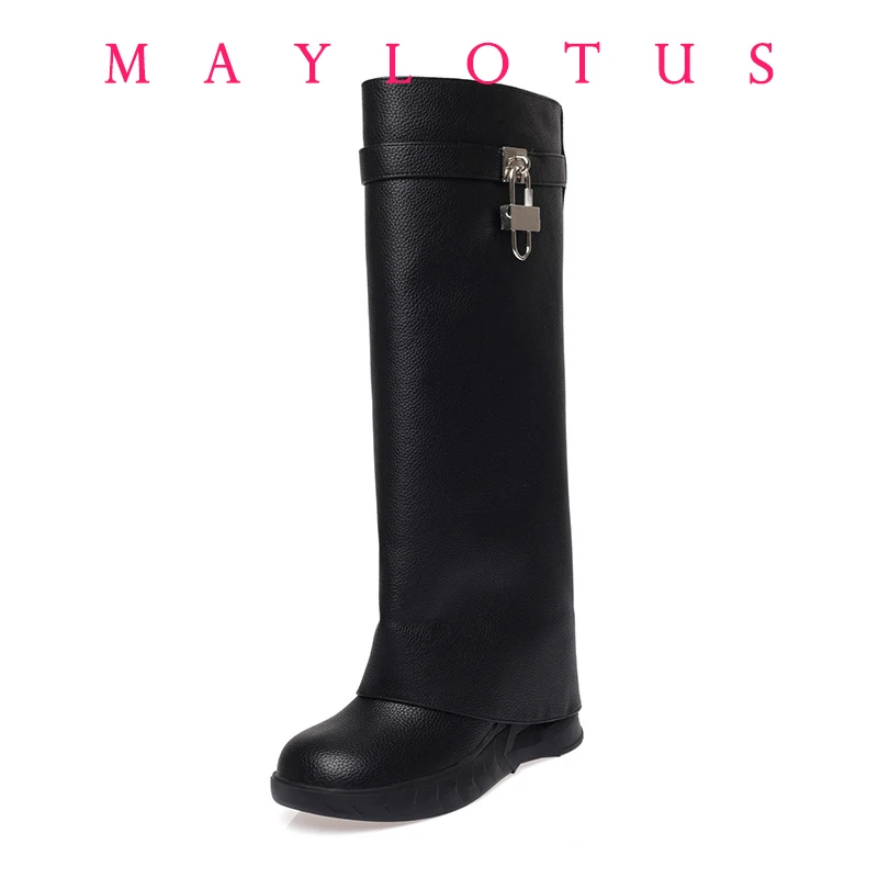Shark Boots Women Lock Straps Warm Wool Casual Winter Shoes Snow Boots Women Knee High Winter Long Boots