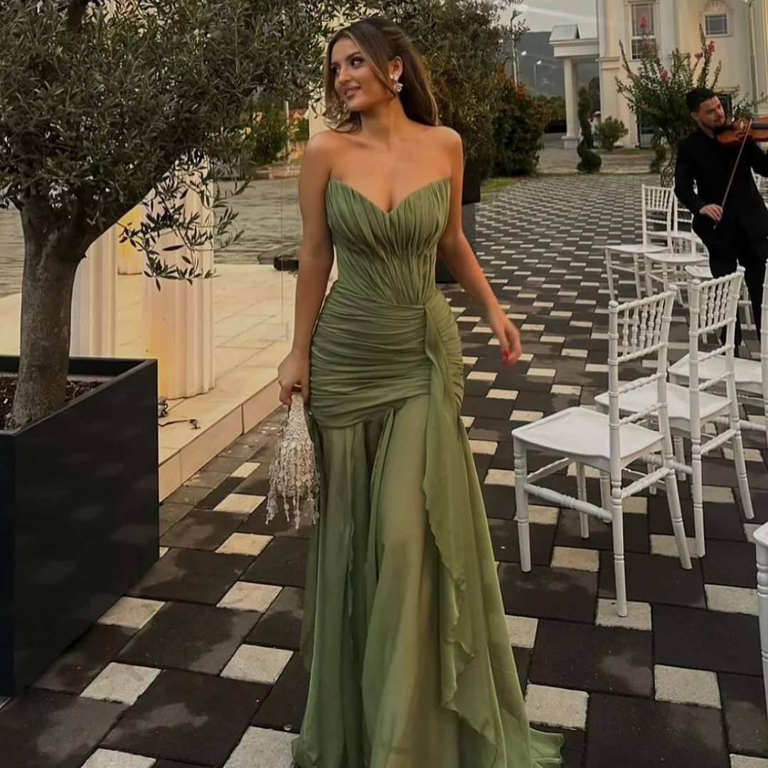 

Green Mermaid Evening Dresses Woman Strapless vestidos de noche Chiffon Prom Dress 2025 Pleat Wedding Party Gowns Customized